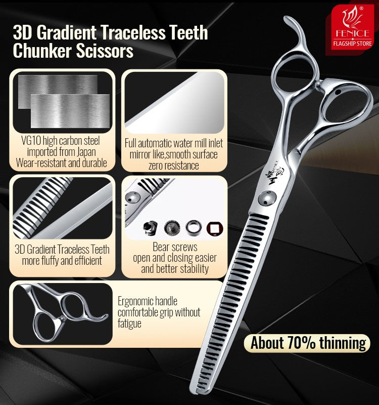 Fenice Tesoura para Tosar Pet Chunker Curva/Reta de 7.0 Polegadas com Dentes 3D Sem Marca de Aço VG10, Parafusos de Rolamento