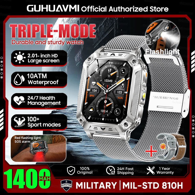 2026 Novo 1400mAh Bateria Grande Militar Ao Ar Livre 2.01 polegadas Smartwatch Masculino 10ATM À Prova D'água Chamada Bluetooth Relógio Inteligente Esportivo