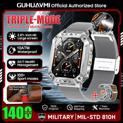 2026 Novo 1400mAh Bateria Grande Militar Ao Ar Livre 2.01 polegadas Smartwatch Masculino 10ATM À Prova D'água Chamada Bluetooth Relógio Inteligente Esportivo