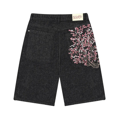 Fashion Retro Cherry Blossom Pattern Embroidery Black Denim Shorts Gothic Hip Hop Men Women Versatile Casual Streetwear Summer