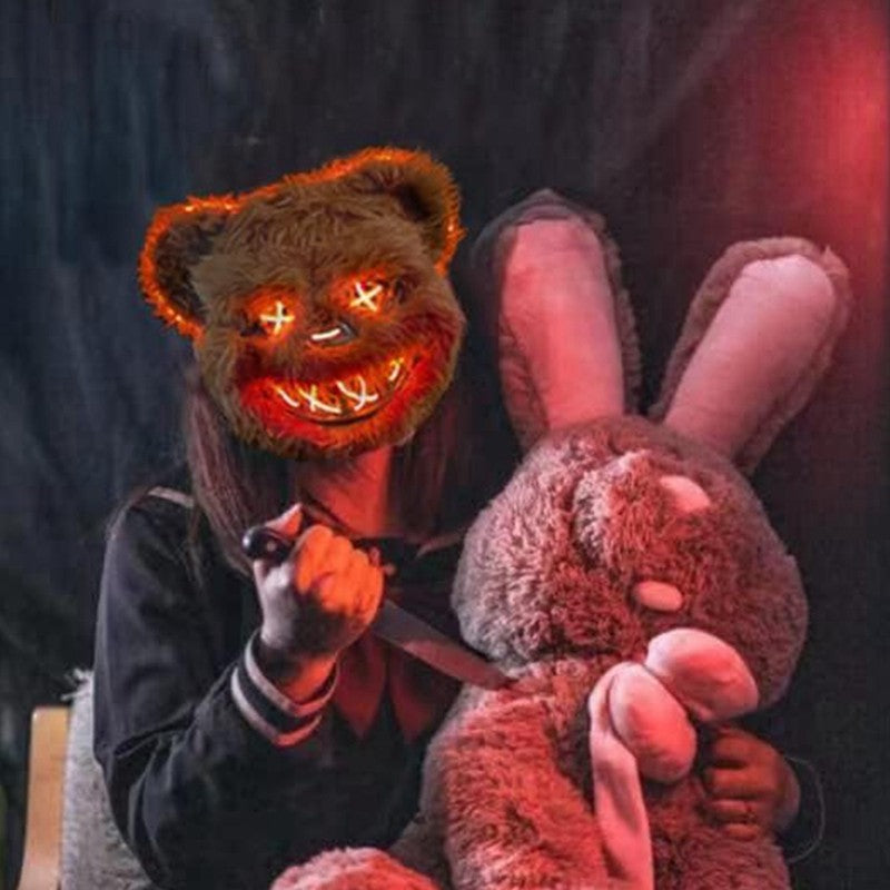 Halloween Cosplay Party Luminous LED Light Face Mask Make-up Horror Rabbit Bear Mask Headgear Cartoon Animal Carnival Head Cover