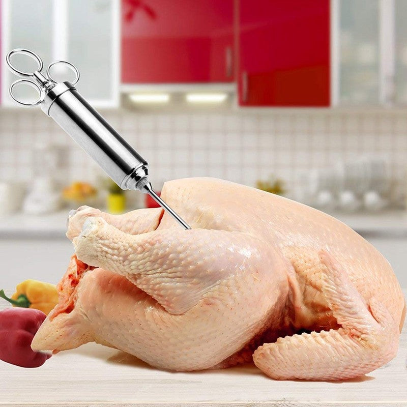 Seringa Injetora de Carne, Injetor de Tempero de 60ml de Aço Inoxidável 304 com 3 Agulhas Profissionais, 2 Escovas de Limpeza