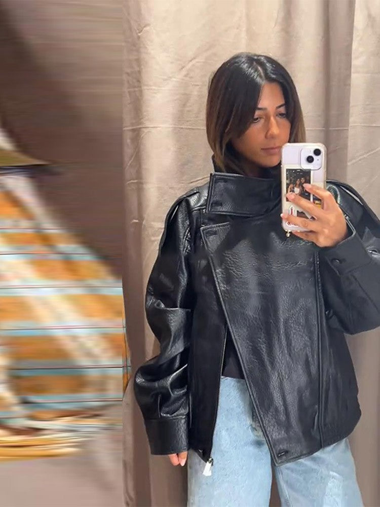 Autumn Fashion Standing Collar Women's Leather Jackets Windproof Loose Fold Coats Locomotive Style High Street Outdoors Clothes