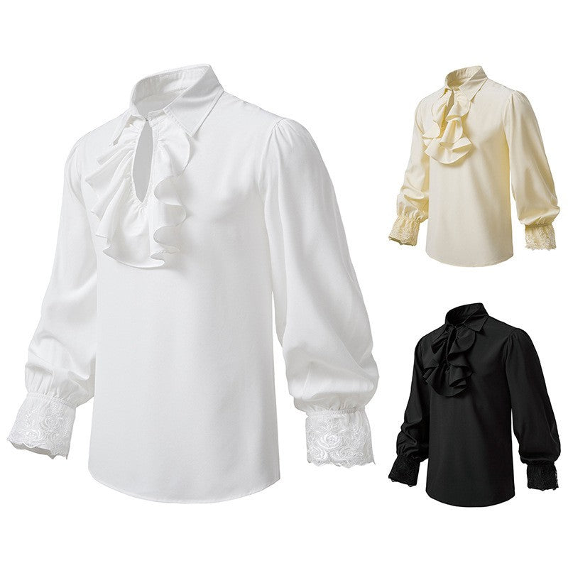 Men Steampunk Ruffle Shirt Long Sleeve Lace Cuff Medieval Victorian Halloween Costume Tops