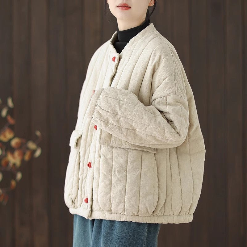 Cotton And Linen Women's Quilted Jacket 2024 New Autumn And Winter Retro Chinese Style Short Thick Casual Padded Coat Top K2675