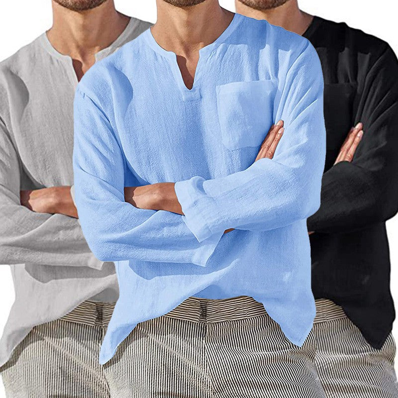 Men Cotton Linen Shirts Long Sleeve Social Shirt Blouses Stand-Up Collar Casual Beach Shirt Business Formal Shirt Male Clothing