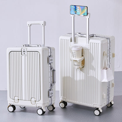20/24 Inch Front Open Luggage Multifunctional Aluminum Frame Trolley Case with USB Cup Holder Large Boarding Box Suitcase