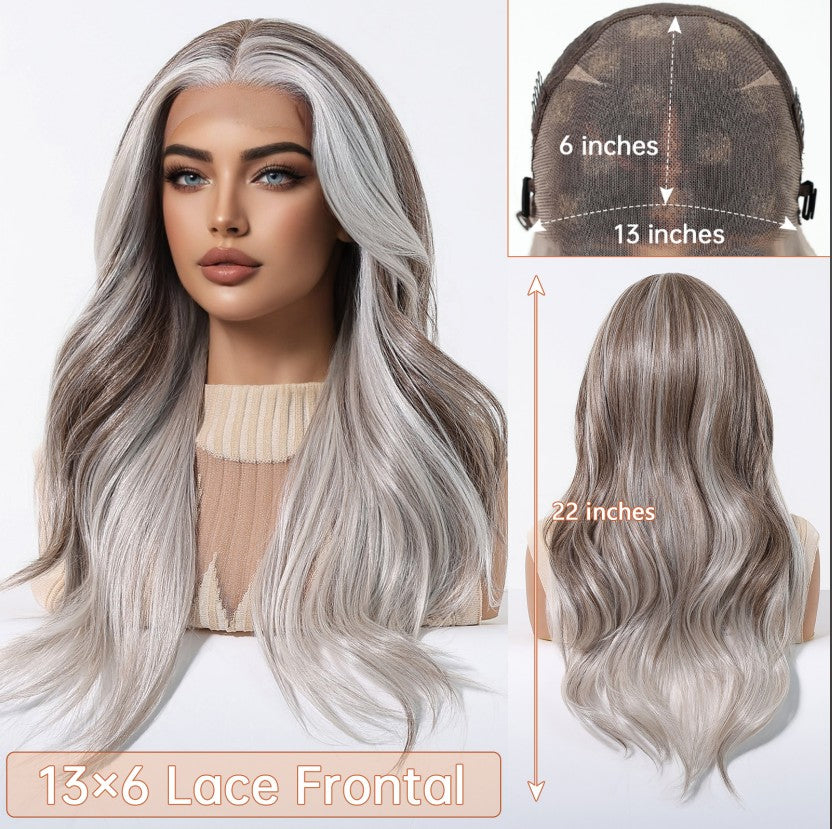 HENRY MARGU Peruca Sintética Lace Front 13x6 Peruca Longa Castanho Cinza Cabelo Ondulado Natural para Uso Diário Peruca de Fibra de Alta Temperatura