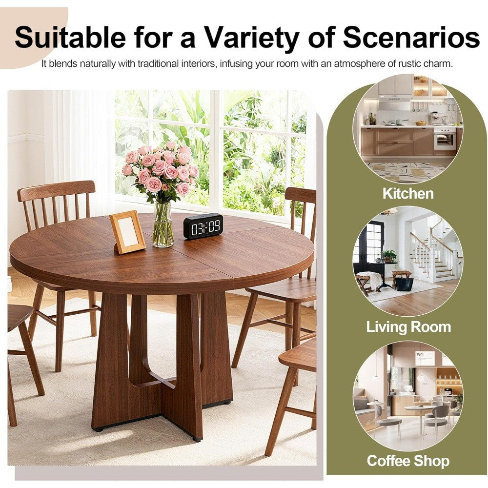 47" Round Dining Table for 4-6, Farmhouse Wood Circular Kitchen Tables, Dark Brown Retro Circle Dinner Table Easy Assembly