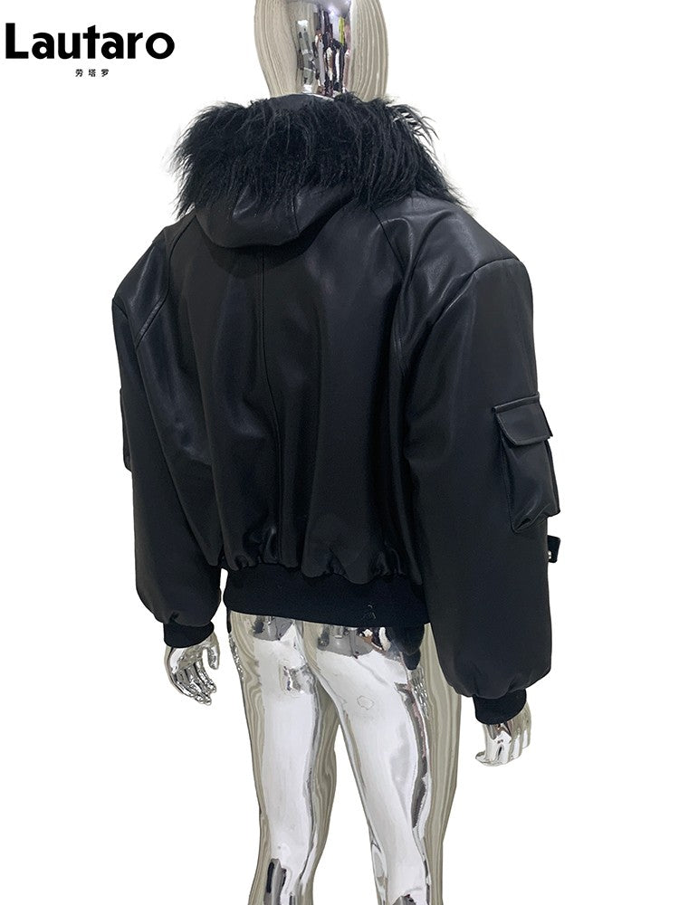 Mauroicardi Autumn Winter Short Oversized Black Warm Pu Leather Jacket Men with Faux Fur Trim Hood Loose Casual Korean Fashion
