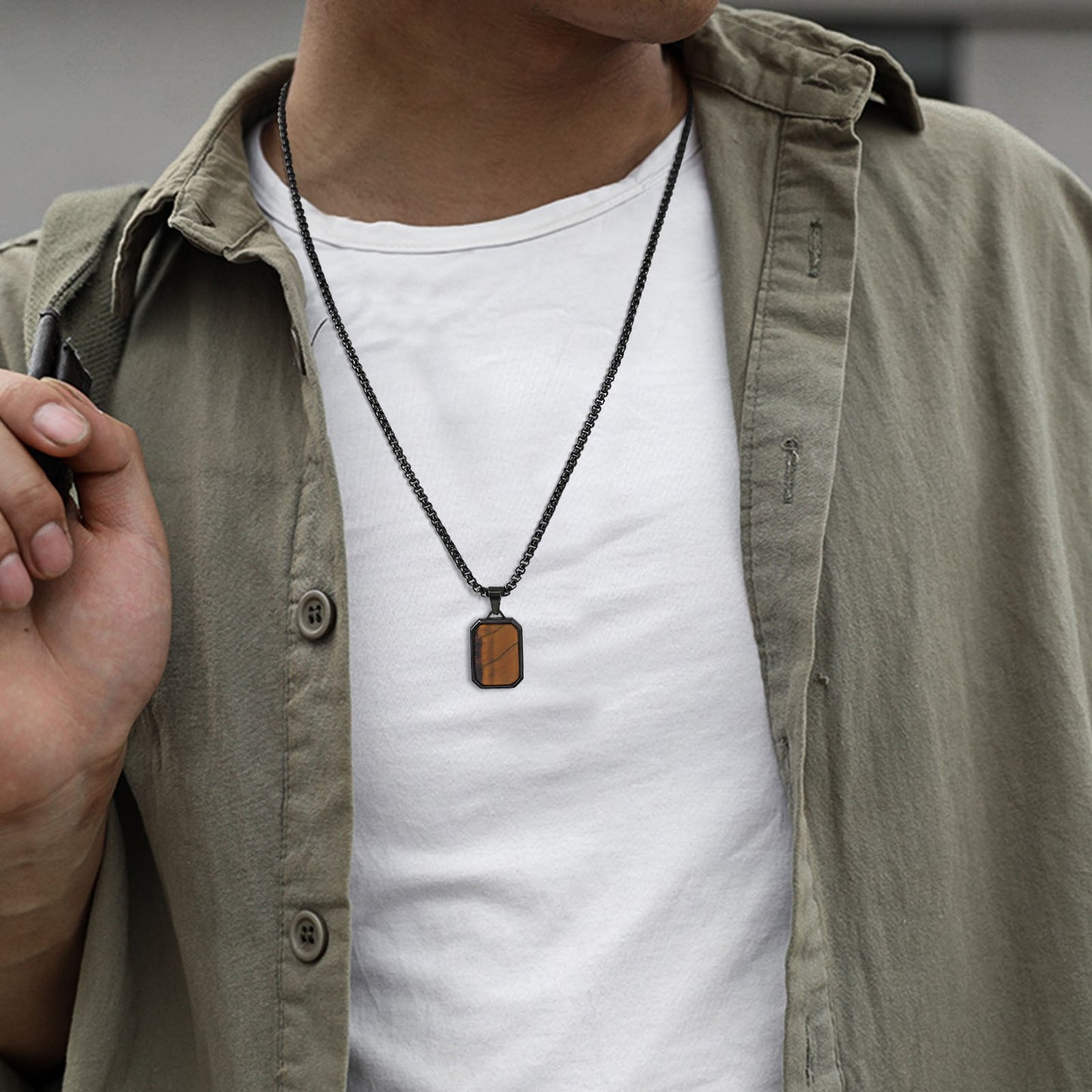 Colares de Pingente Modernos para Homens e Meninos, Colares Quadrados de Aço Inoxidável com Pedra Natural, Presentes de Joias de Cura Hip Hop Legais