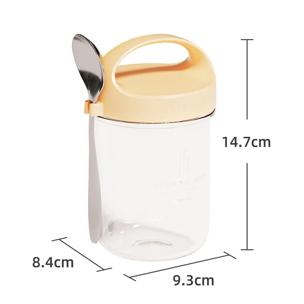 Copo de Aveia Noturna com Tampa e Colher 430ML - Vidro, Selável, Portátil, para Café da Manhã, Cereal, Leite, Salada, Iogurte - Item de Cozinha