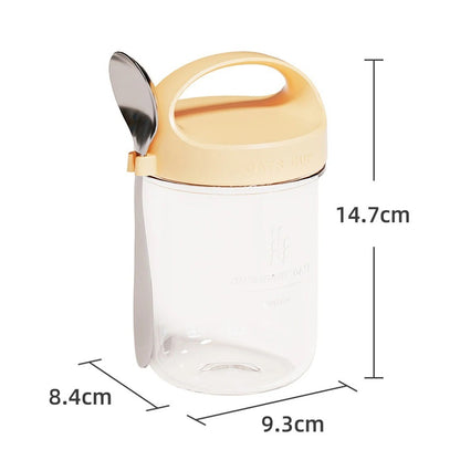 Copo de Aveia Noturna com Tampa e Colher 430ML - Vidro, Selável, Portátil, para Café da Manhã, Cereal, Leite, Salada, Iogurte - Item de Cozinha