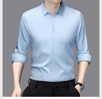 High End  Mulberry Silk Men Business Shirt Long Sleeve  Button Invisible Elastic Tops Wrinkle Resistant  Luxurious Men Shirt