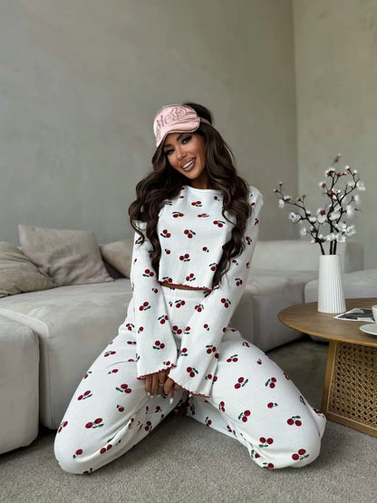 Lace Trim Women Pajama Set Short Sleeve Front Button Top & Full-Length Pants Cherry Print 2 Pieces Sleepwear Nightwear Homewear