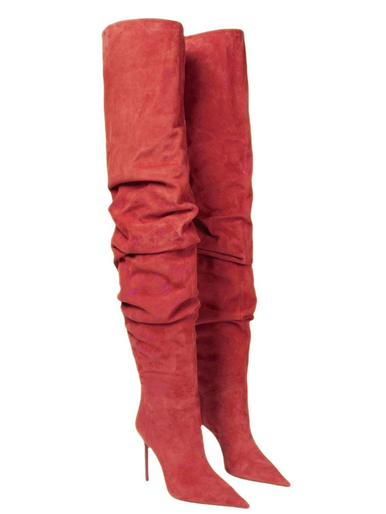 Women's New Pointed Pleated High-heeled Knee High Boots, Autumn and Winter Suede Thigh Boots, Women's Plus Size Stacking Boots