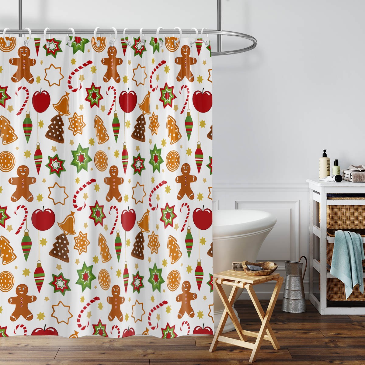 1 piece 180x180cm Christmas gingerbread man pattern printed shower curtain partition bathroom waterproof and mildew proof