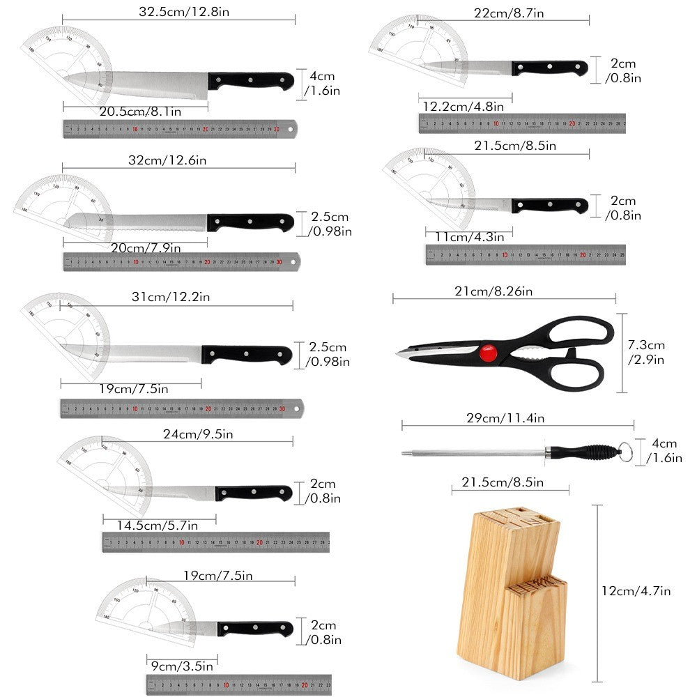 ZENG Conjunto Completo de Facas de Chef com 15 Peças, Conjunto de Facas de Cozinha de Aço Inoxidável com Tesoura, Afiador, Suporte de Madeira Maciça, Ferramenta de Culinária