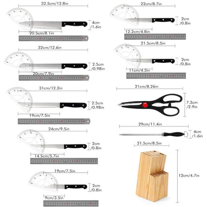 ZENG Conjunto Completo de Facas de Chef com 15 Peças, Conjunto de Facas de Cozinha de Aço Inoxidável com Tesoura, Afiador, Suporte de Madeira Maciça, Ferramenta de Culinária