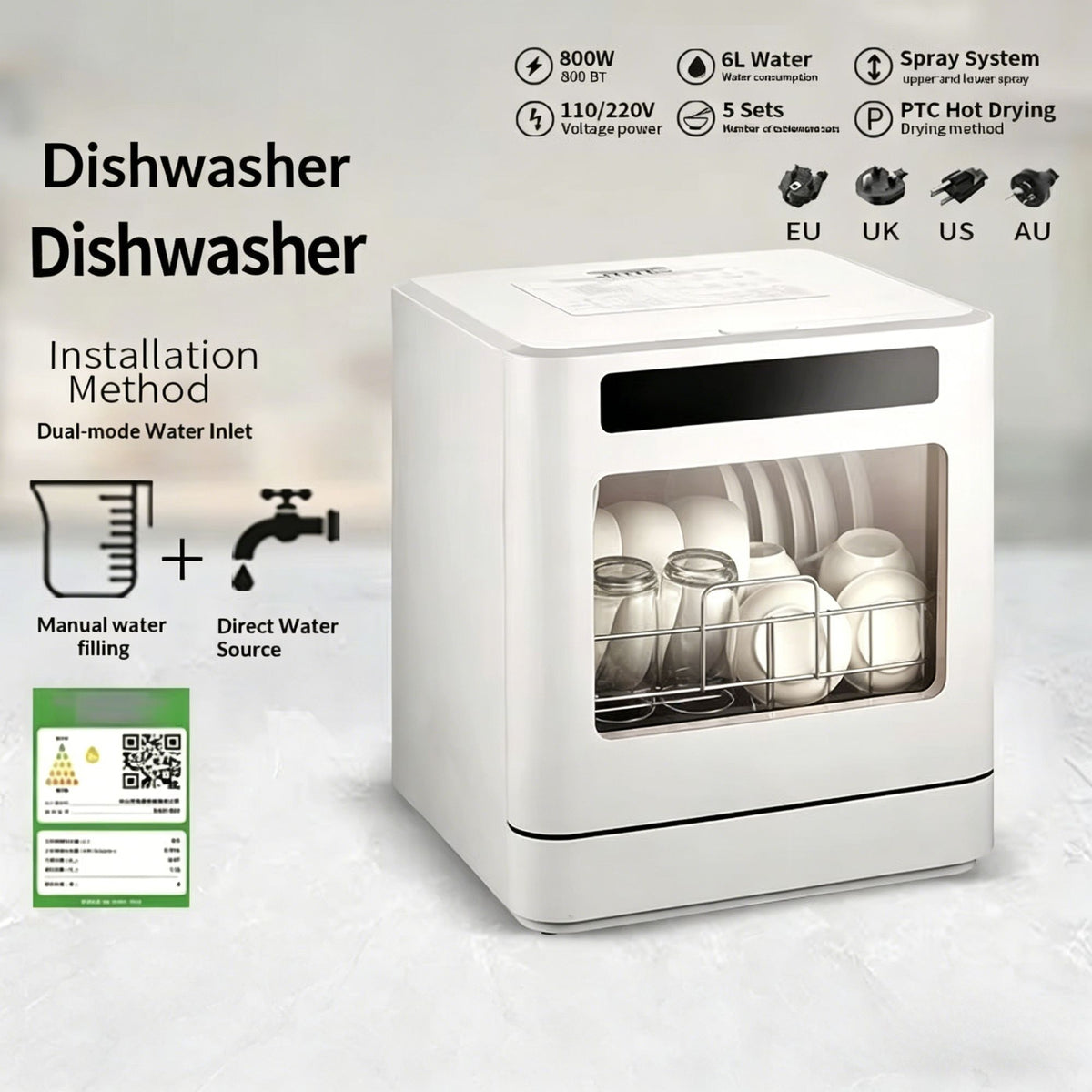 Desktop Household Dishwasher Plastic Intelligent Fully Automatic Disinfecting High Temperature 5 Sets Capacity 800W Electric