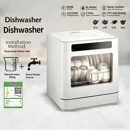 Desktop Household Dishwasher Plastic Intelligent Fully Automatic Disinfecting High Temperature 5 Sets Capacity 800W Electric