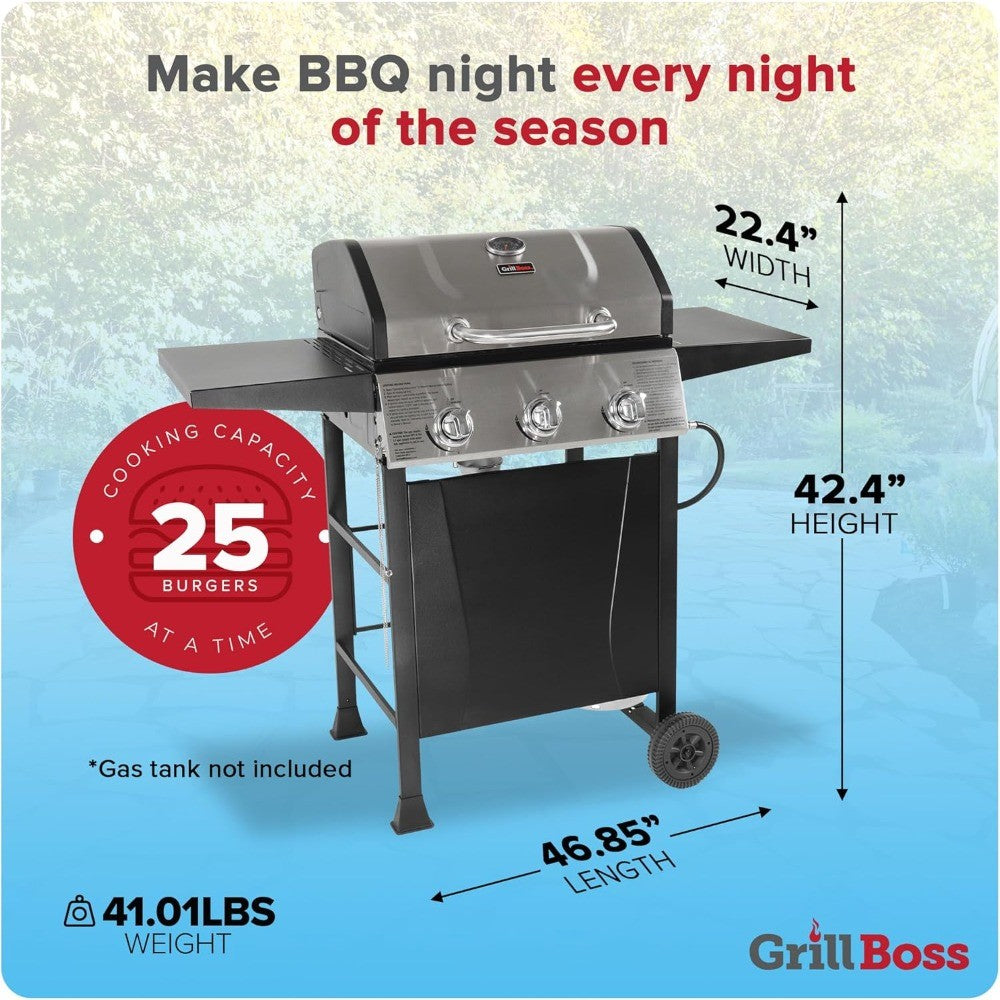 Churrasqueira a Gás Propano Grill Boss com 3 Queimadores, Churrasqueira Portátil com Tampa, Rodas e Prateleiras Laterais, Preto - Acessórios e Equipamentos para