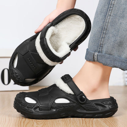 Big Size Winter Casual Men's Slippers Indoor Waterproof PU Leather Home Shoes Fur Flat Warm Fashion Bedroom Houseshoes