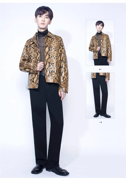 Mauroicardi Spring Autumn Loose Cool Shiny Colorful Snakeskin Print Pu Leather Jacket Men Luxury Designer Clothes Streeetwear