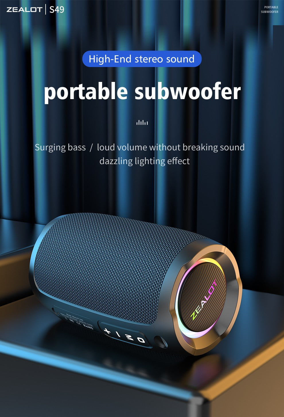 Caixa de som Bluetooth portátil Zealot_S49 com som estéreo 360, 20W, IPX6 à prova d'água, Bluetooth 5.2, True Wireless Stereo