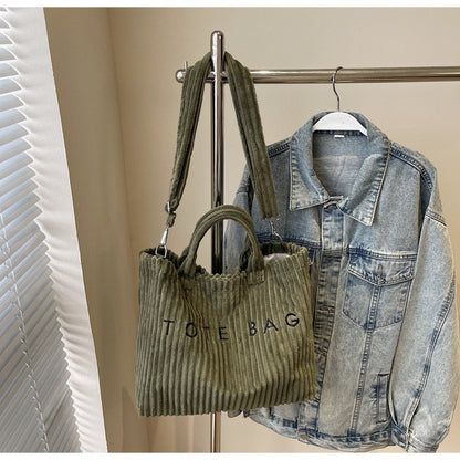 Large Capacity Striped Velvet Handbag Shoulder Bag for Woman Handbags Crossbody Bags, Versatile Letter Corduroy Women's Tote Bag