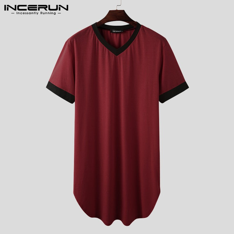INCERUN 2024 Men Sleep Robes Short Sleeve V Neck Nightgown Patchwork Cozy Homewear Fashion Loose Mens Bathrobes Dressing Gown