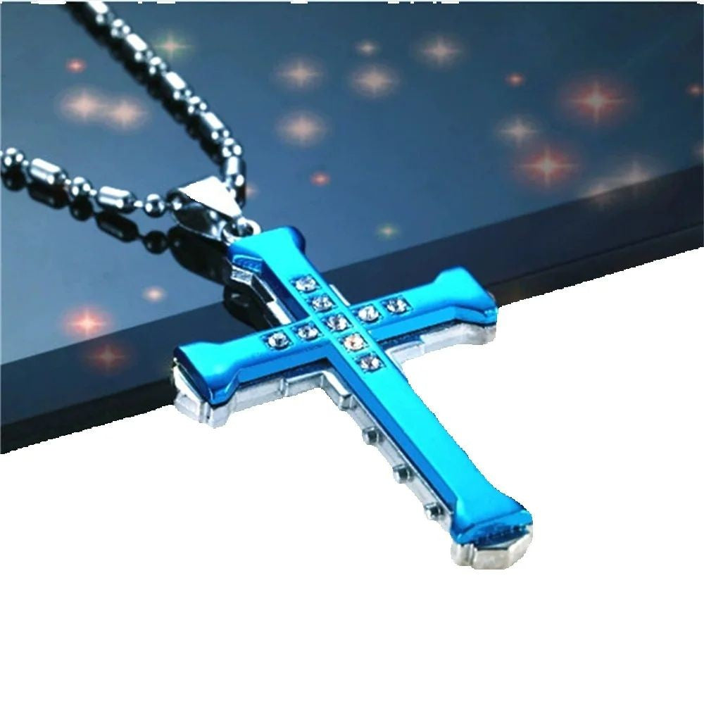 Moda Masculina Nova Cruz de Cristal Jesus Pingente Cor Dourada/Preta/Azul Zircônia Colar Corrente de Bambu Joias Presentes