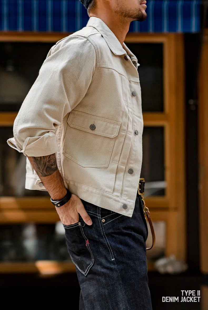 Maden Retro Type II Denim Jackets Beige Cotton Washed Denim Coats for Men's Autumn Versatile Single-breasted Lapel Outwear