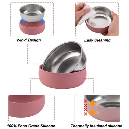 Color Kids 2PCS Stainless Steel Bowl Tableware Set For Baby Feeding Detachable Silicone Food Dish Plate BPA Free Kids Dinnerware