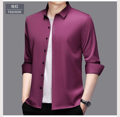 High End  Mulberry Silk Men Business Shirt Long Sleeve  Button Invisible Elastic Tops Wrinkle Resistant  Luxurious Men Shirt