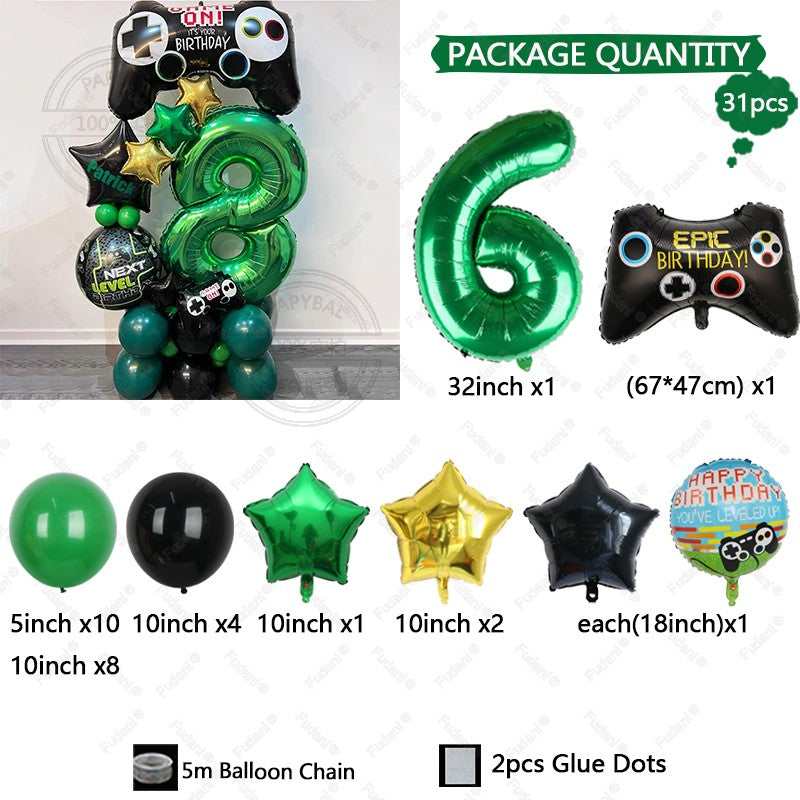 31pcs Gamepad Theme Balloon Green Number Birthday Balloon Set Game Theme Party Decoration Birthday Surprise Gifts