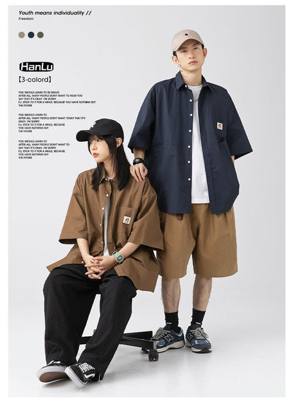 Japan Style Cargo Shirts Men Summer  Pure Cotton Loose Casual Pocket Shirts Men Women Plus Size Short Sleeve Shirt