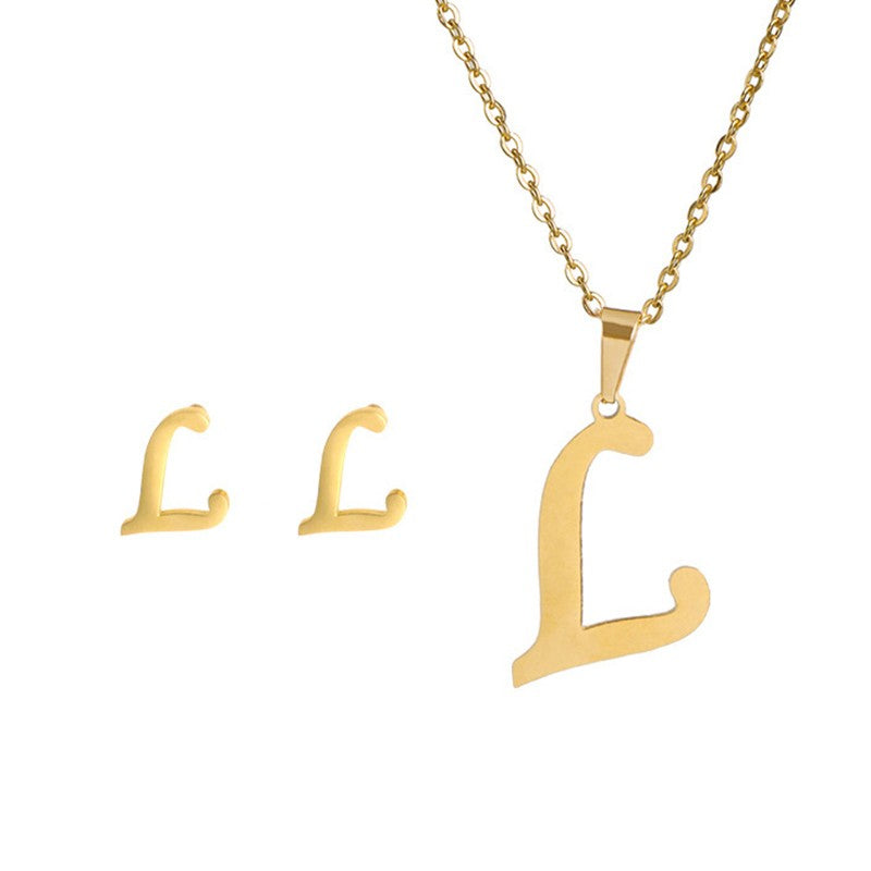 Conjunto Feminino de Colar e Brincos de Aço Inoxidável com Letra Inicial do Alfabeto A-Z - Joias Personalizadas de 26 Letras Inglesas - Presente