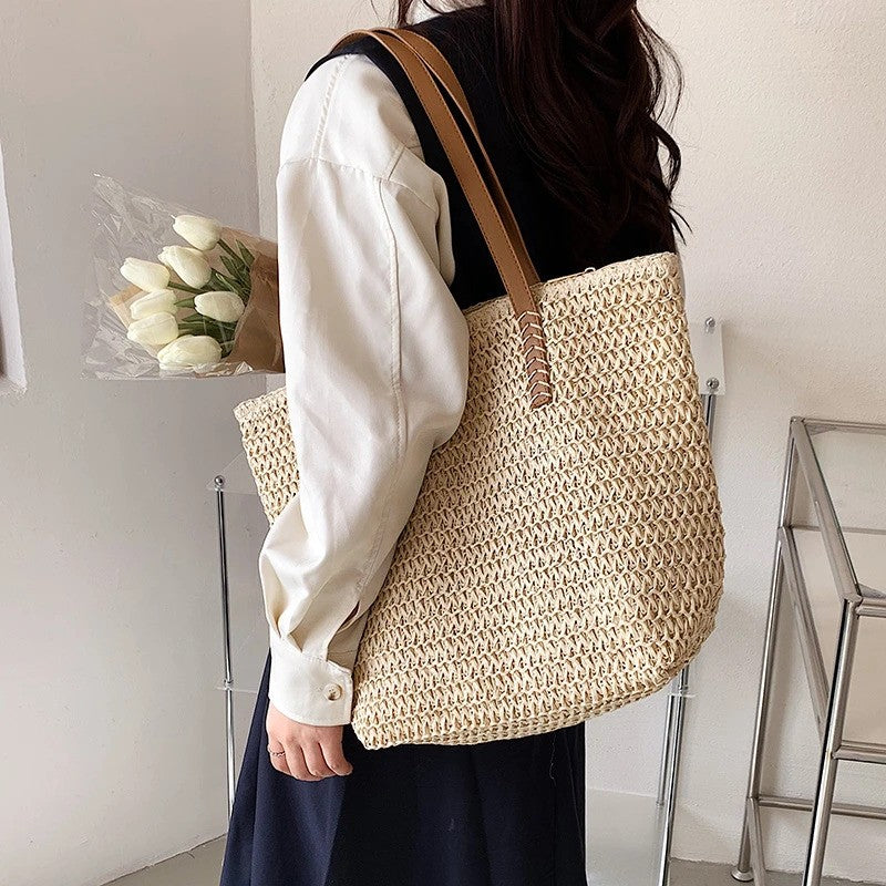 Hand-woven Women's Shoulder Handbag Bohemian Fashion Straw Beach Tote Bag Travel Shopper Weaving Shopping Bags