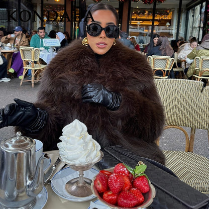 KONDALA 2025 Fall Winter Casual Faux Fur Brown Women Warm Jackets Streetwear Turn Down Collar Christmas Oversized Elegant Coats