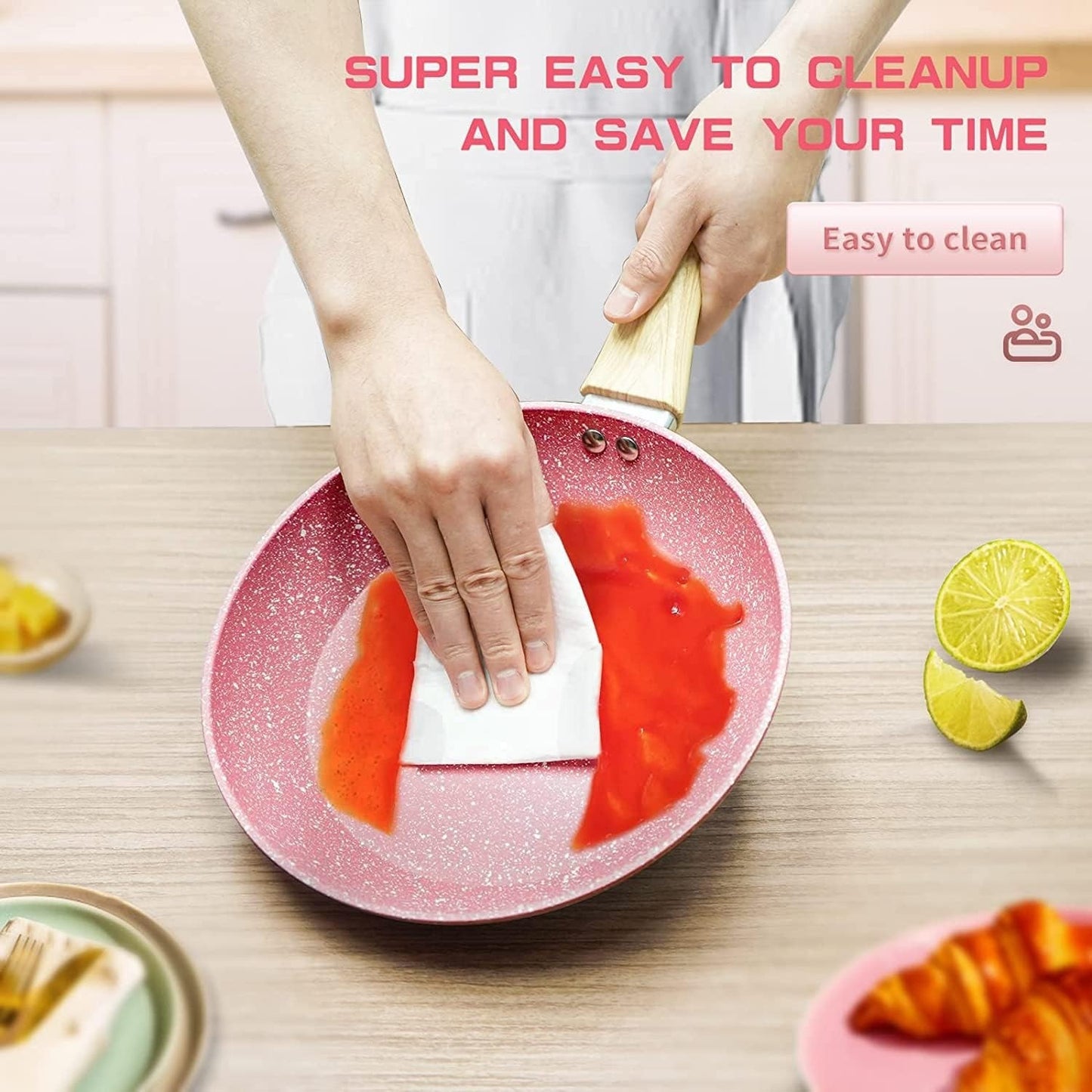 Non stick frying pan set, 8-inch, 9.5-inch, and 11 inch pink egg pans, anti warping base, compatible with induction