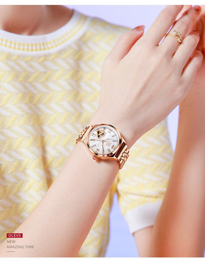 OLEVS 6636 Luxury Women Watch Fully Automatic Hollow Design Diamond Heart shaped Watch Elegant Mechanical Women Bracelet Watch
