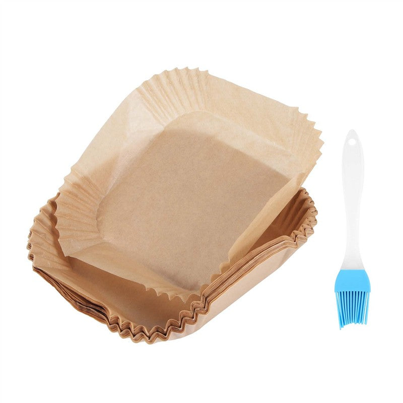 LECKL-50Pcs Papel Manteiga para Air Fryer com Pincel de Óleo, Forros Quadrados de 6,3 Polegadas, Papel Descartável para Assar, Folhas para Air Fryer