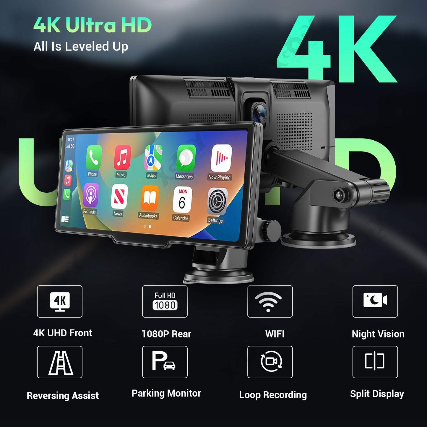 Gravador de vídeo automotivo DVR com tela sensível ao toque de 10,26" 4K, Apple CarPlay sem fio, Android Auto, lente dupla, câmera dupla DVR