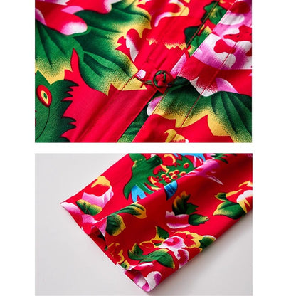 Chinese Style Men's Stand-up Collar Long-sleeved Shirt, Single-breasted Printed Shirts, Fashion Casual Camisas, Red Green Blue