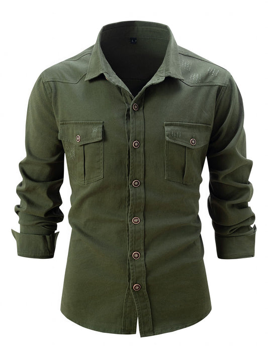 European size denim shirt men's casual solid color double pocket men's long sleeve washed elastic cotton fashion new business sh