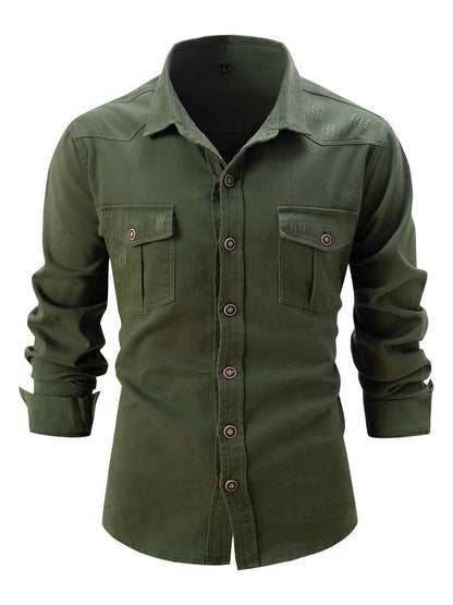 European size denim shirt men's casual solid color double pocket men's long sleeve washed elastic cotton fashion new business sh