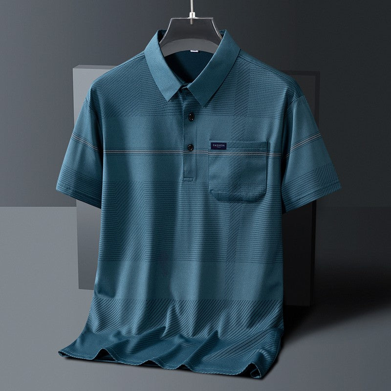 Men's Short Sleeve Button Summer Pullover Striped Pockets T-shirt England Style Casual Formal Turn-down Collar Vacation Tops