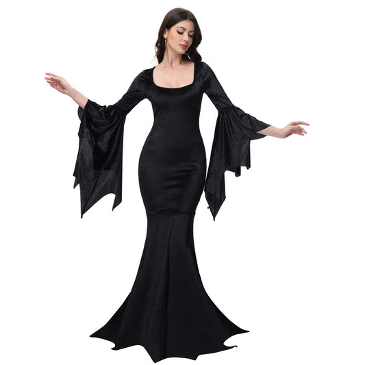 [You're My Secret] Halloween Morticia Adams Primate Black Adams Family Dress Retro Gothic Flared Sleeve Fishtail Dress Vestido
