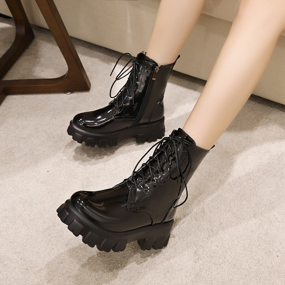 Women Boots Patent Leather Platform Shoes Brand Ankle Fashion High Heel Boots Women Autumn Winter Warm Platform Boots Black Red